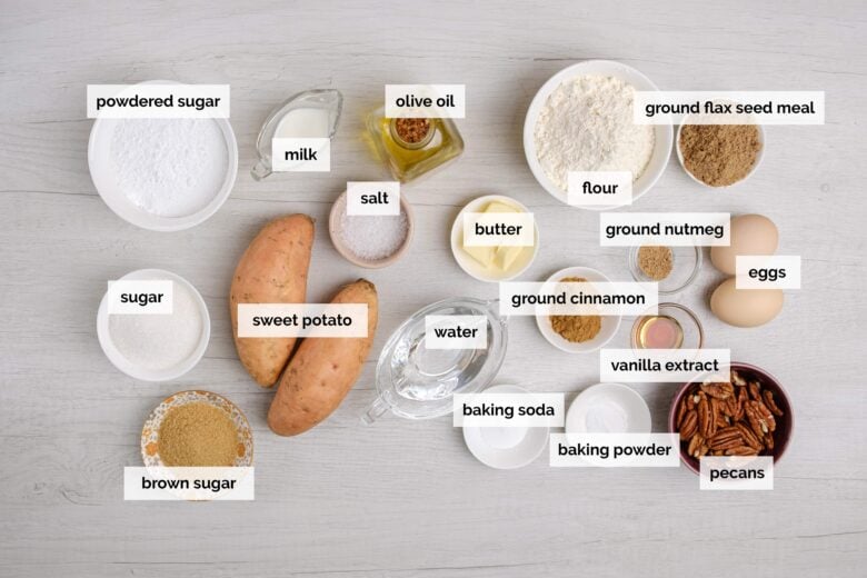 Overhead shot of ingredients to make sweet potato muffins at home.