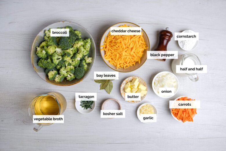 Overhead shot of ingredients to make broccoli cheese soup at home.