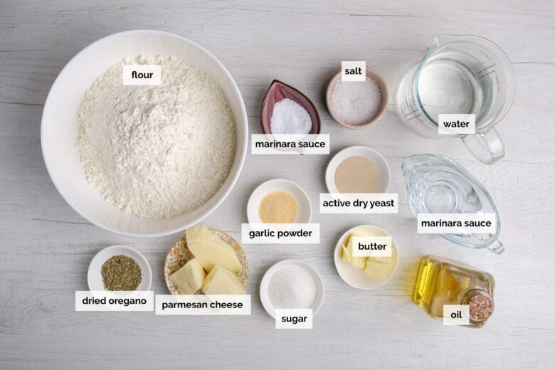 Overhead shot of ingredients to make olive garden breadsticks at home.