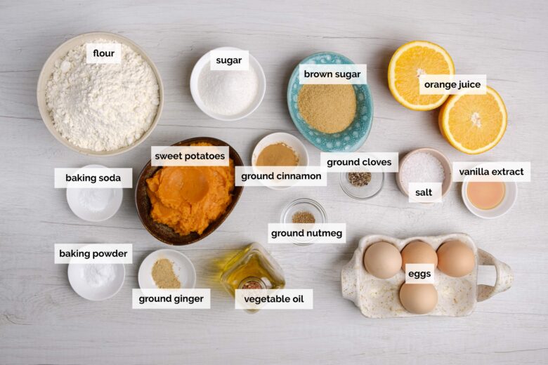 Overhead shot of ingredients to make sweet potato bread at home.