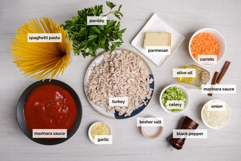 Overhead shot of ingredients to make turkey bolognese at home.