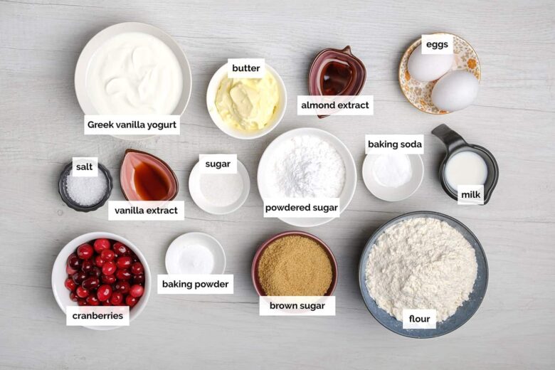 Overhead shot of ingredients to make cranberry cake.