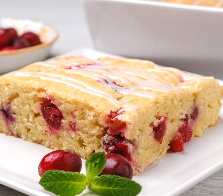 A slice of cranberry cake with simple icing on top.