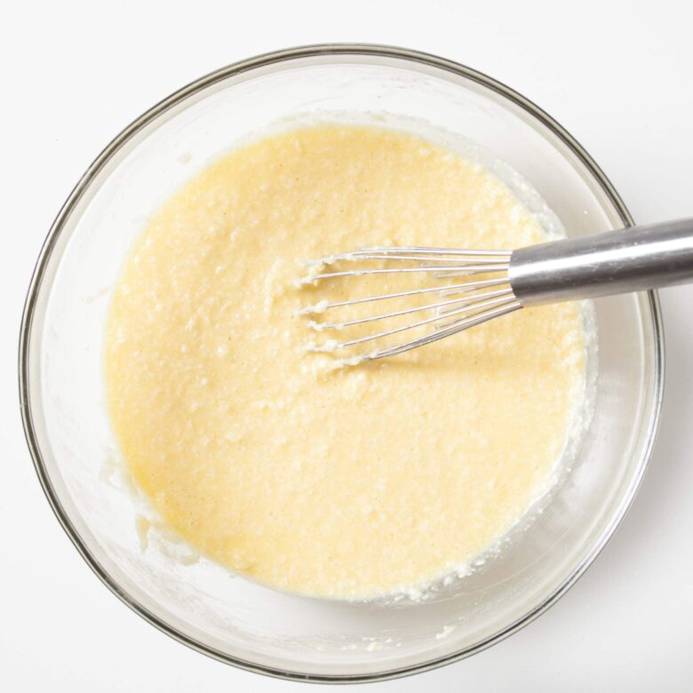 An egg and yogurt liquidy batter to make snickerdoodle bread.