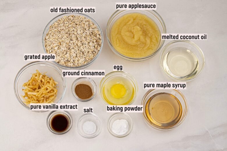 Overhead shot of ingredients to make apple oatmeal bars.