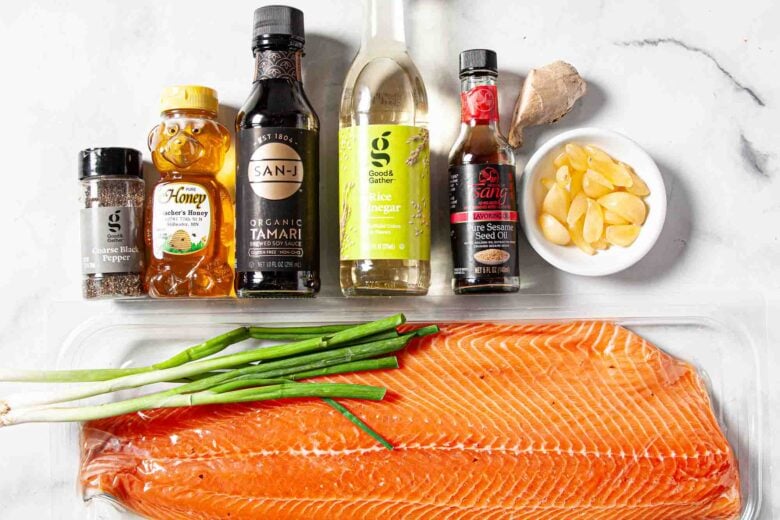 Overhead shot of ingredients to make Asian baked salmon at home.