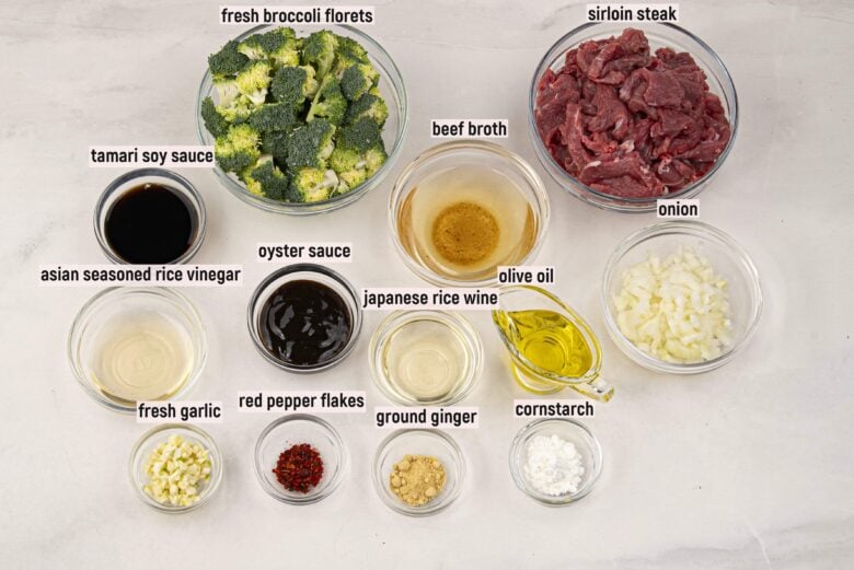 Overhead shot of ingredients to make beef and broccoli stir fry at home.
