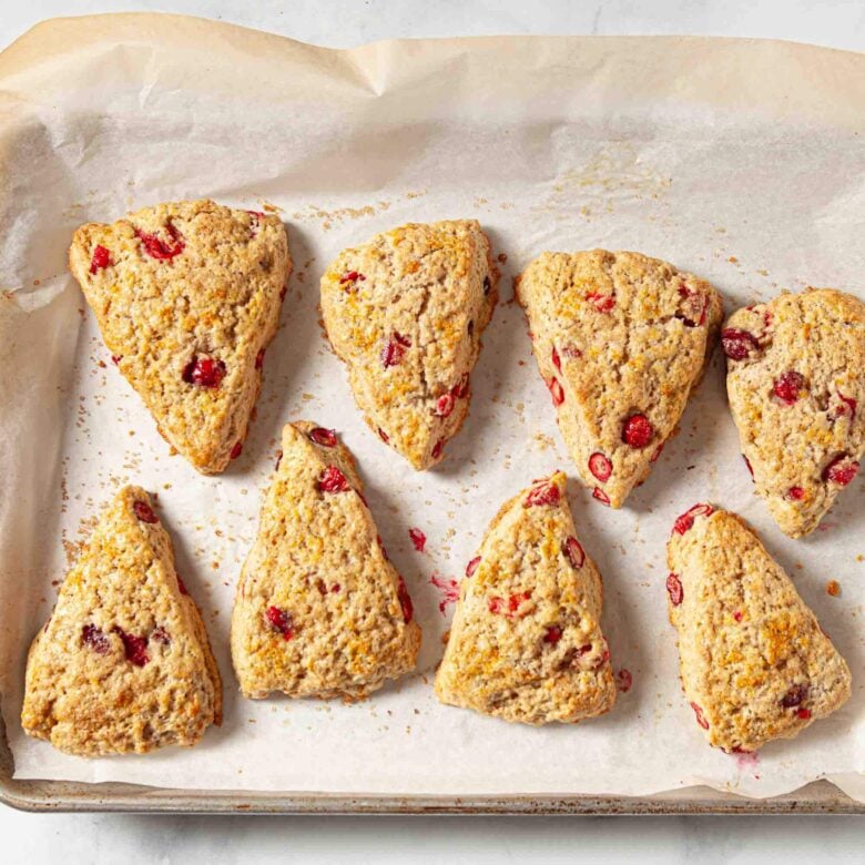 Freshly baked cranberry orange scones in a parchment lined sheet.