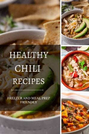 Healthy chili recipes collage with title and four images of chili recipes.