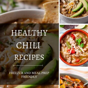 Healthy chili recipes collage with title and four images of chili recipes.