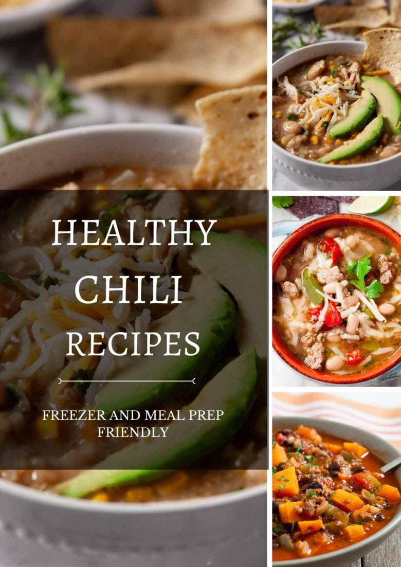 Healthy chili recipes collage with title and four images of chili recipes. 