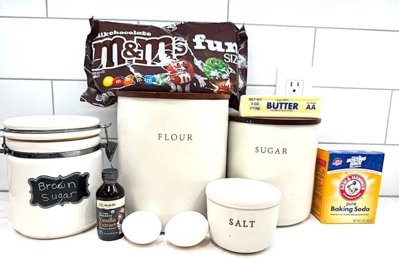 M&M Cookie Bars ingredients such as eggs and butter. 