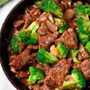 Overhead shot of beef and broccoli stir fry in a pan.