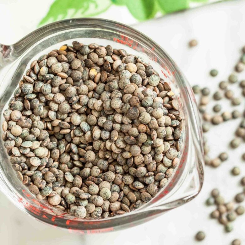Overhead shot of dry green lentils.