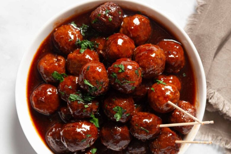 Freshly made grape jelly meatballs, ready to serve.