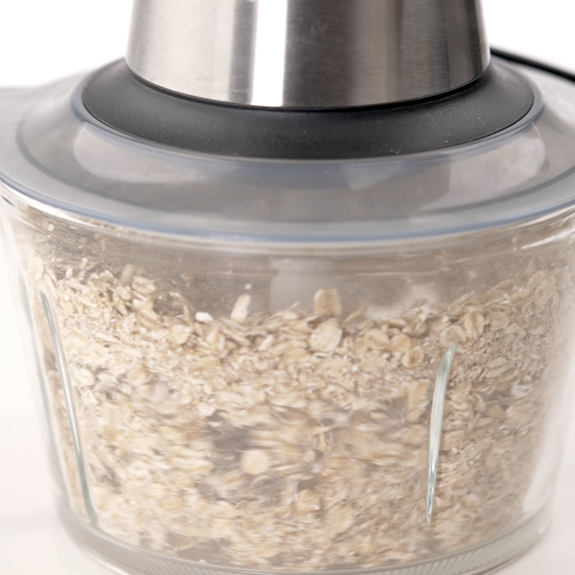 Oats being blended into oat flour.