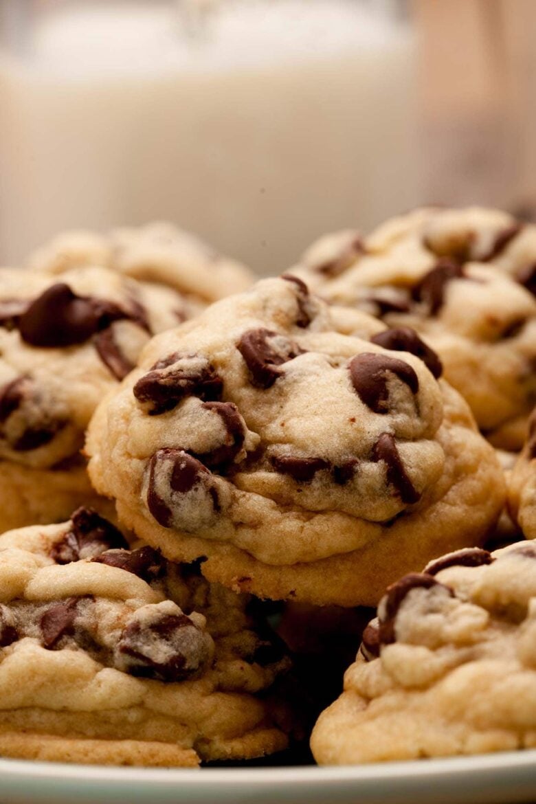 Closeup shot of Levain chocolate chip cookies on a plate.