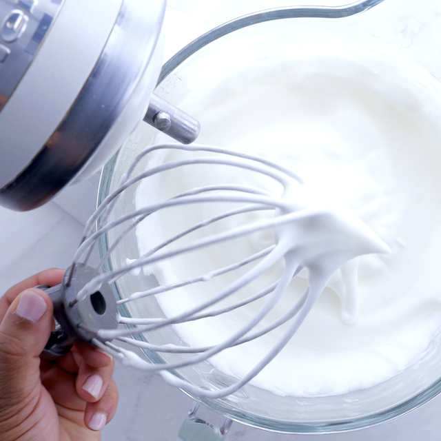 Egg whites at soft peaks stage.