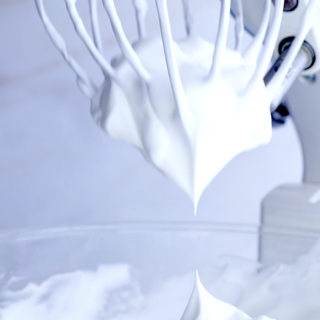 Egg whites at stiff peaks stage.