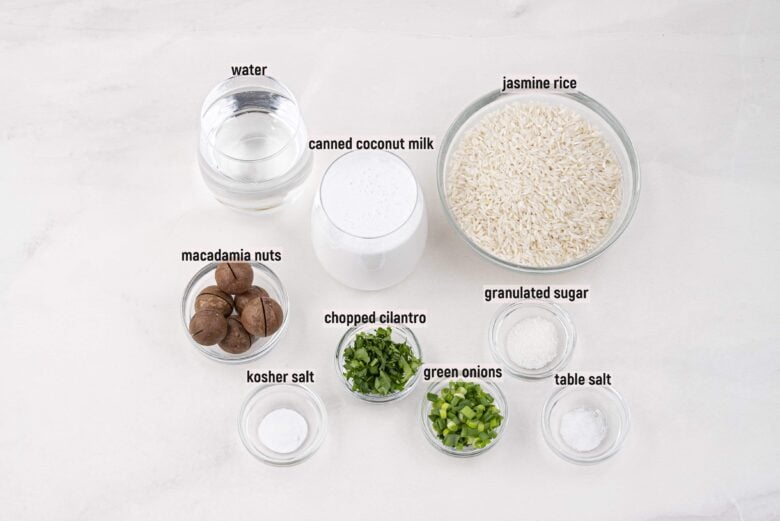 Overhead shot of ingredients to make coconut rice.