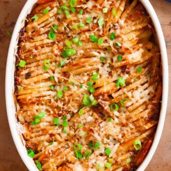 Overhead shot of hasselback potatoes in a casserole dish.