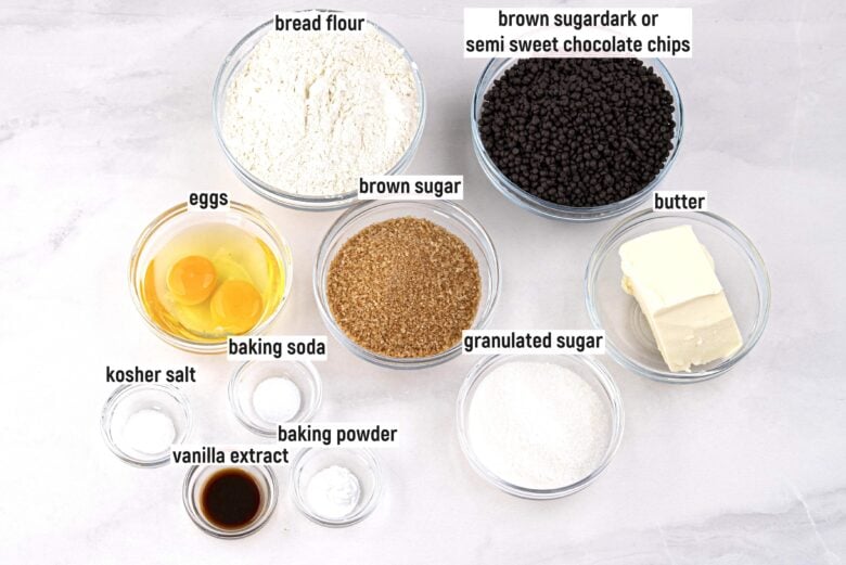 Ingredients for Levain Chocolate Chip Cookies in bowls.