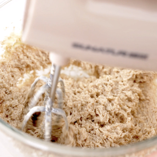 Butter and sugars being creamed together.