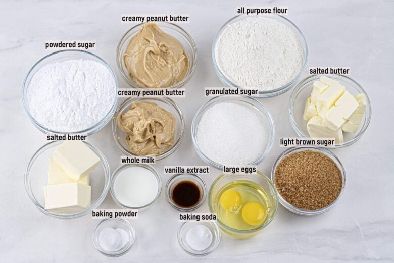 Overhead shot of ingredients to make peanut butter sandwich cookies.