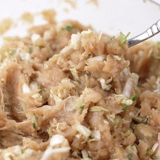Potstickers chicken mixture in a bowl.