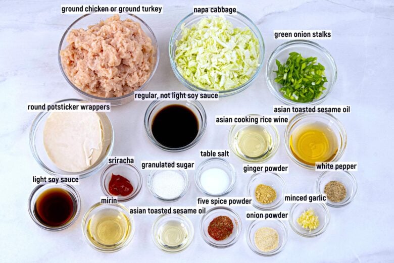 Potstickers ingredients such as ground turkey, napa cabbage, and seasonings.