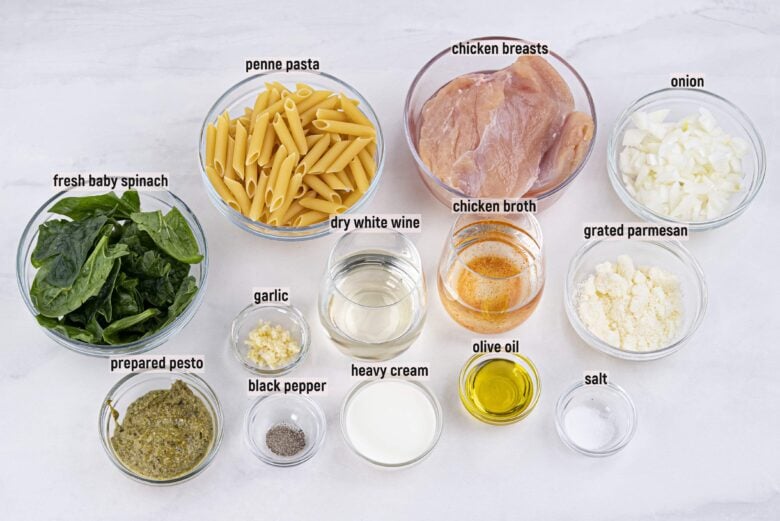 Overhead shot of ingredients to make chicken florentine pasta.