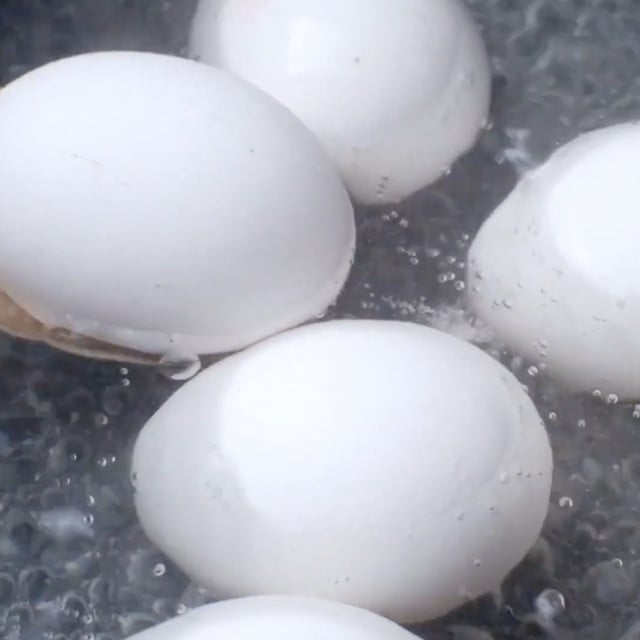 Eggs boiled in a pot to make deviled eggs