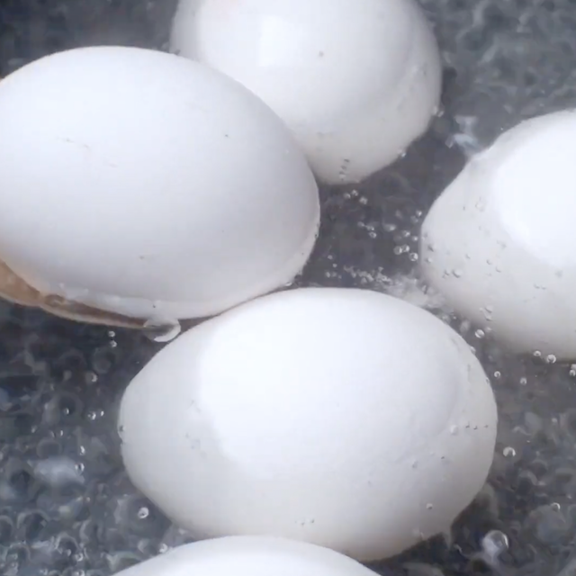 Eggs boiled in a pot to make deviled eggs