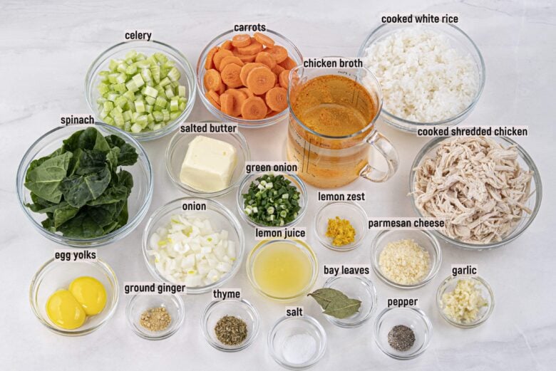 Overhead shot of ingredients to make lemon chicken soup at home.