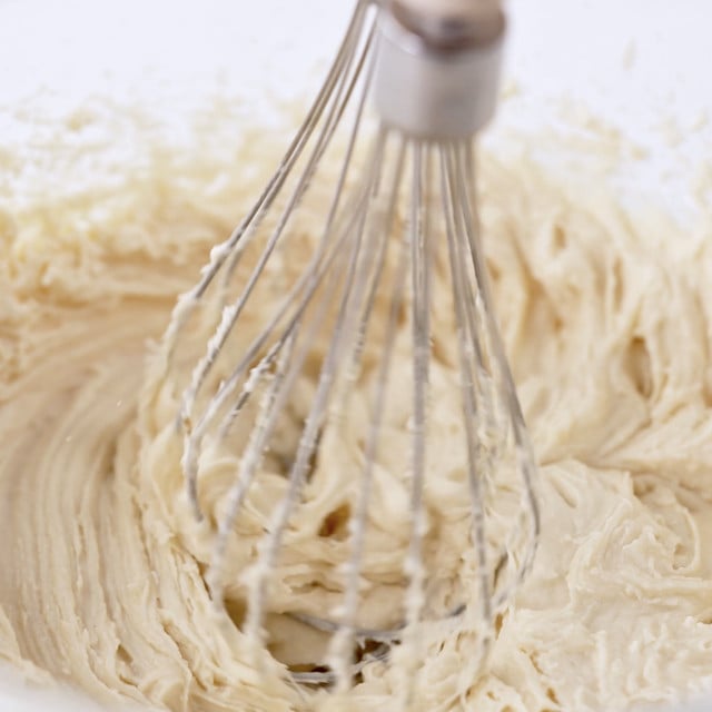 Peanut butter sandwich cookie filling being whisked.