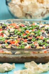 Side shot of 7 layer mexican dip with tortilla scoop chips on the side.