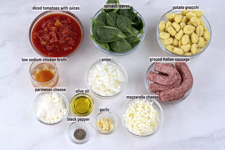 Ingredients to make gnocchi with sausage at home.