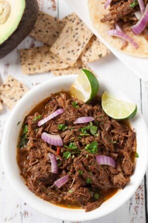 Overhead shot of instant pot barbacoa in a plate.