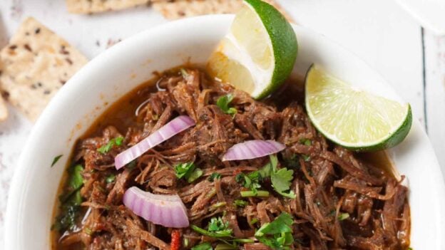 Overhead shot of instant pot barbacoa in a plate.