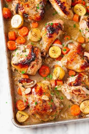 Overhead shot of sheet pan chicken and potatoes.