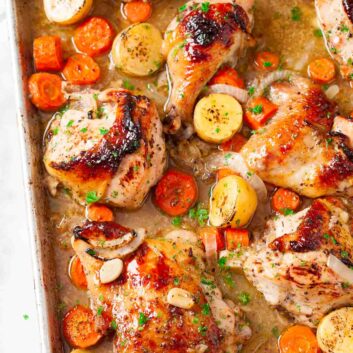 Overhead shot of sheet pan chicken and potatoes.