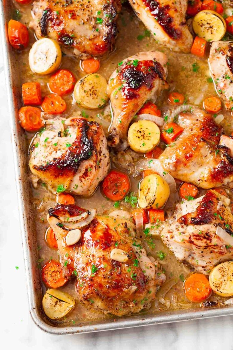 Overhead shot of sheet pan chicken and potatoes.