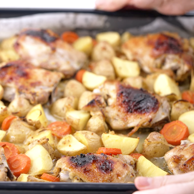 Sheet pan chicken and potatoes ready to serve.