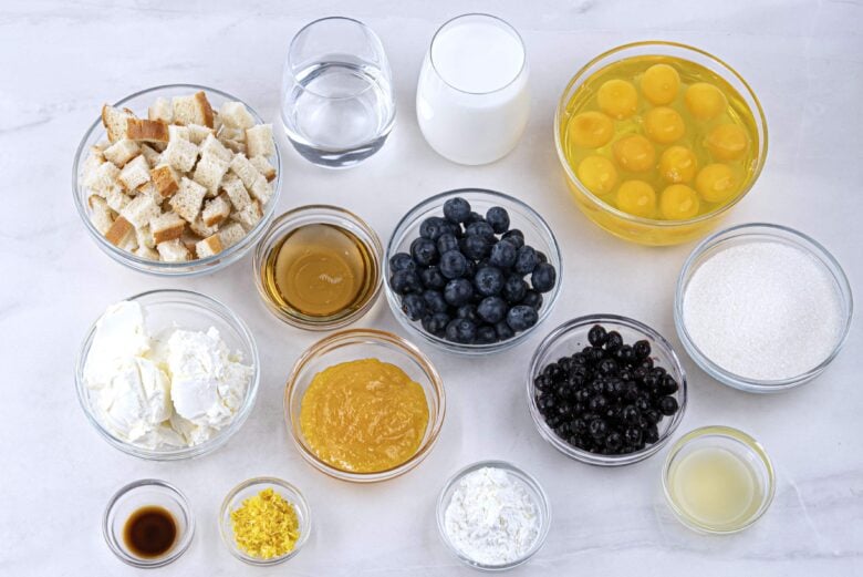 Overhead shot of ingredients to make blueberry french toast casserole.