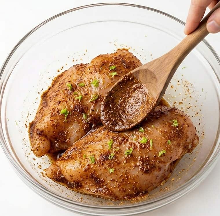 Chicken being marinated in a bowl to make chipotle chicken burrito bowl recipe.