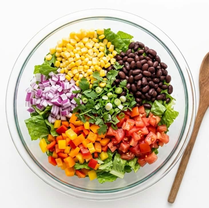 Chipotle chicken burrito bowl veggies prepped in a bowl.