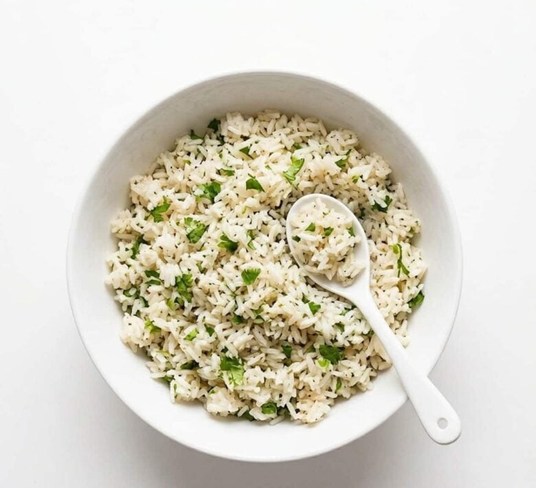 Cilantro lime rice in a bowl for homemade chipotle chicken burrito bowls.