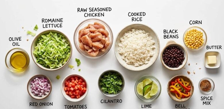 Overhead shot of ingredients to make chipotle chicken burrito bowls at home.