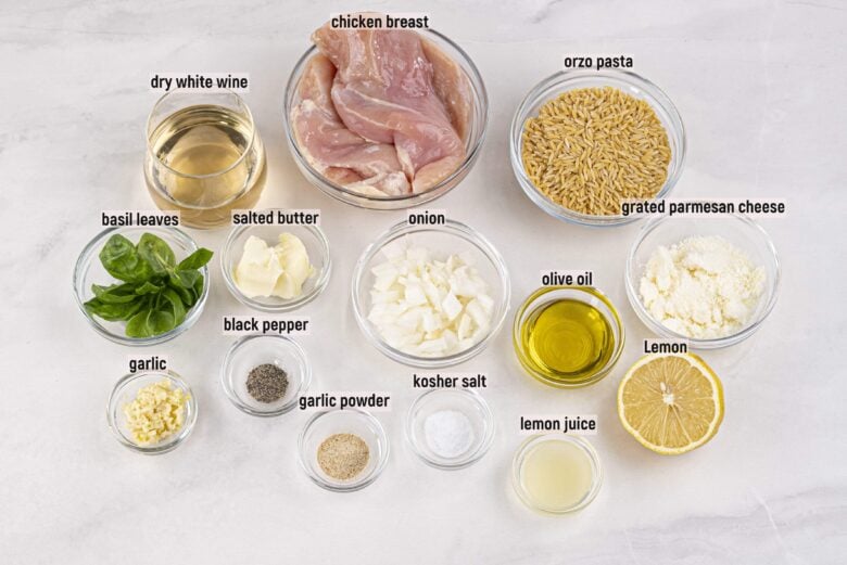 Overhead shot of ingredients to make lemon chicken orzo at home.