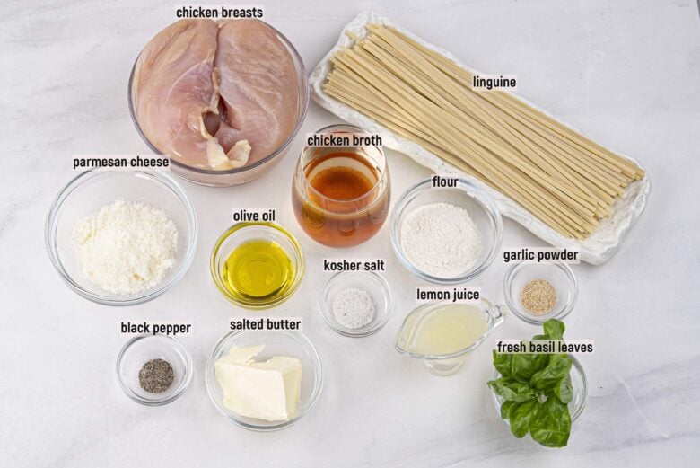 Overhead shot of ingredients to make lemon chicken pasta at home.